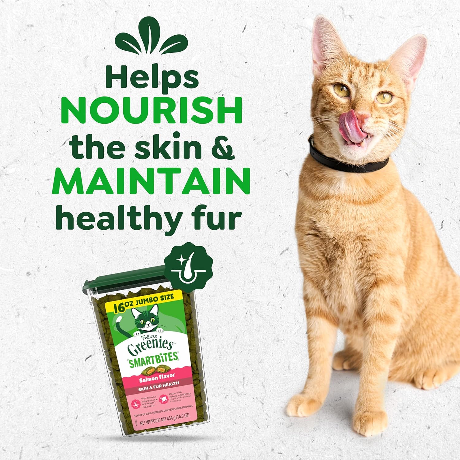 Close up of Greenies crunchy and soft salmon cat treats