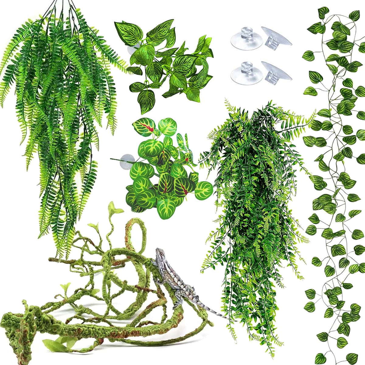 Reptile EcoDen artificial terrarium plants and vine set front view