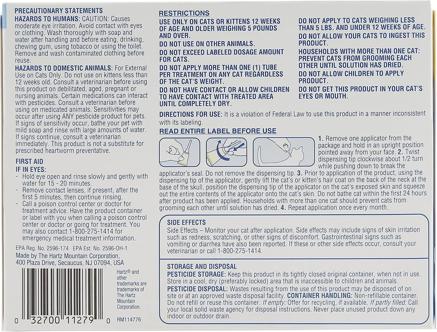 Hartz topical flea treatment for cats over five pounds application side