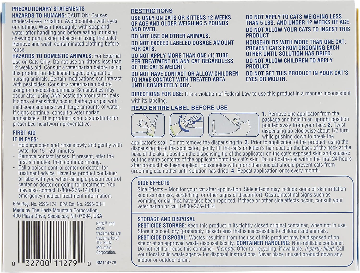 Hartz topical flea treatment for cats over five pounds application side