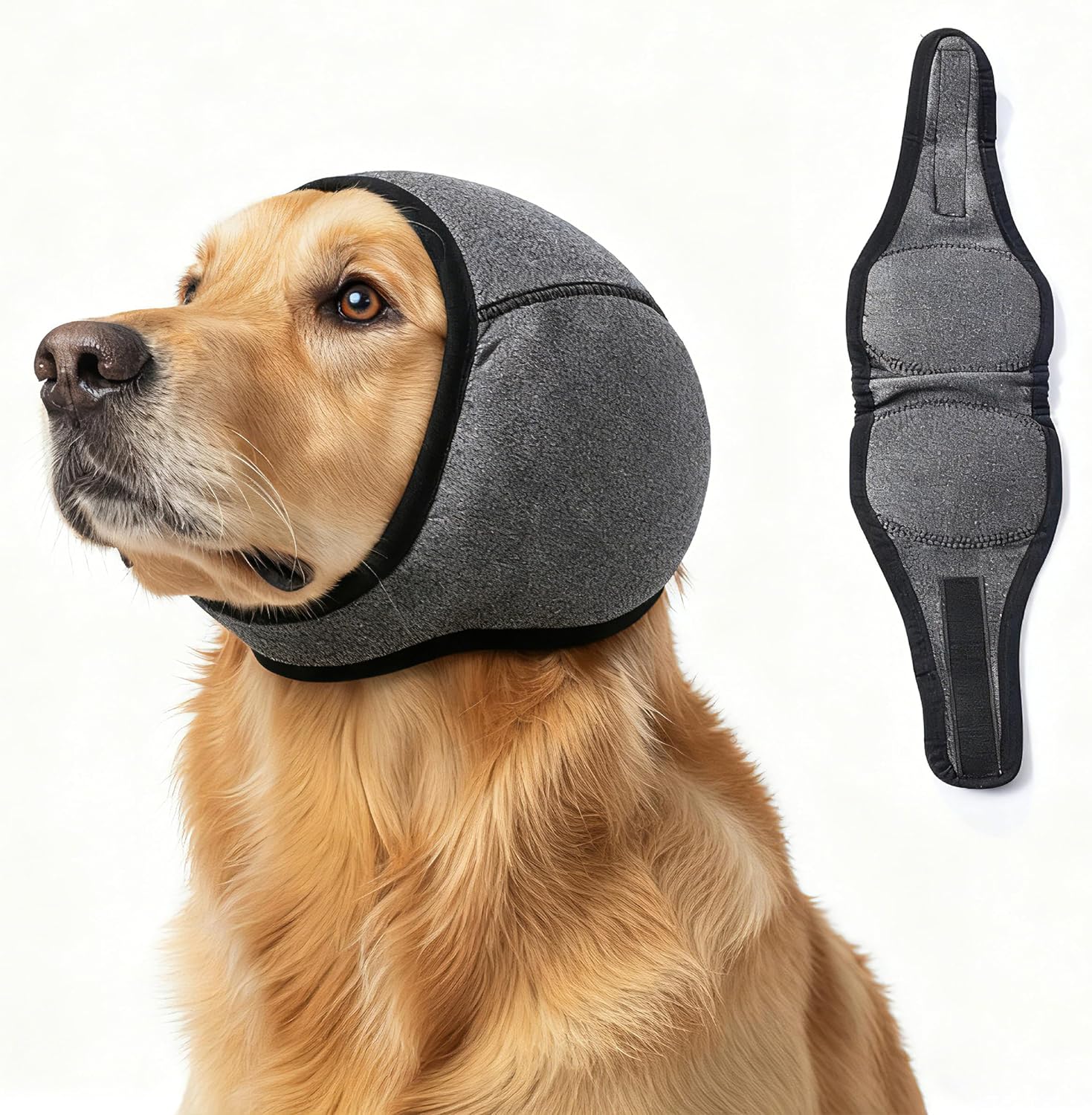 Generic XISHIUYIS dog ear muffs front view showing grey calming hoodie on a pet.