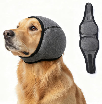 Generic XISHIUYIS dog ear muffs front view showing grey calming hoodie on a pet.