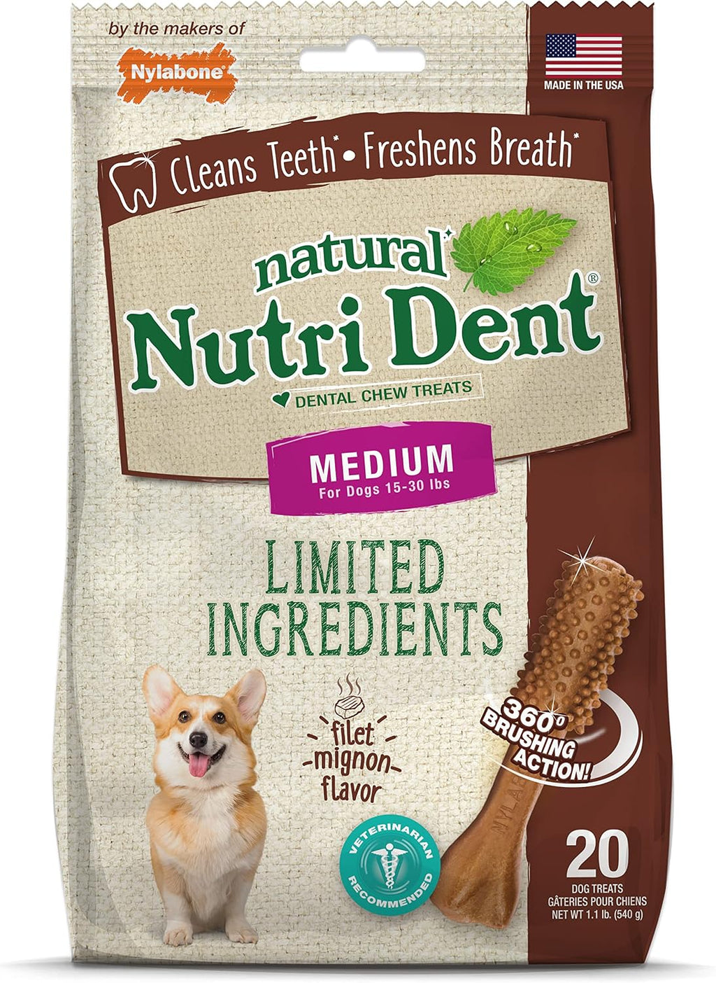 Nylabone Nutri Dent Dog Dental Chews, Natural Teeth Cleaning Dental Treats & Breath Freshener for Dogs, Filet Mignon Flavor, Medium (40 Count) - Image 10
