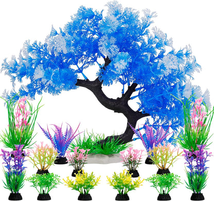 MyLifeUNIT artificial aquarium plants fifteen pack blue set front view inside clear fish tank