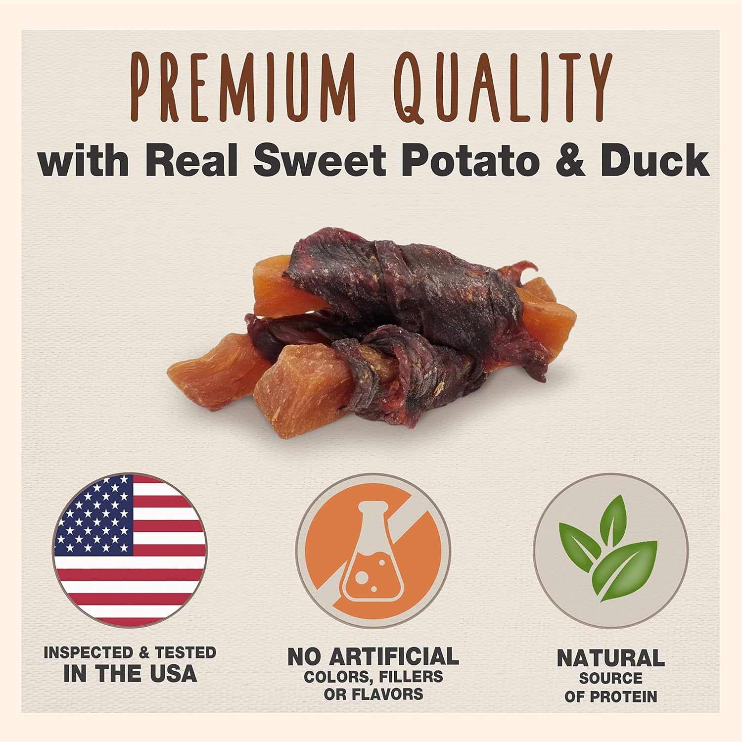 Close up of natural sweet potato and duck wrapped dog treats