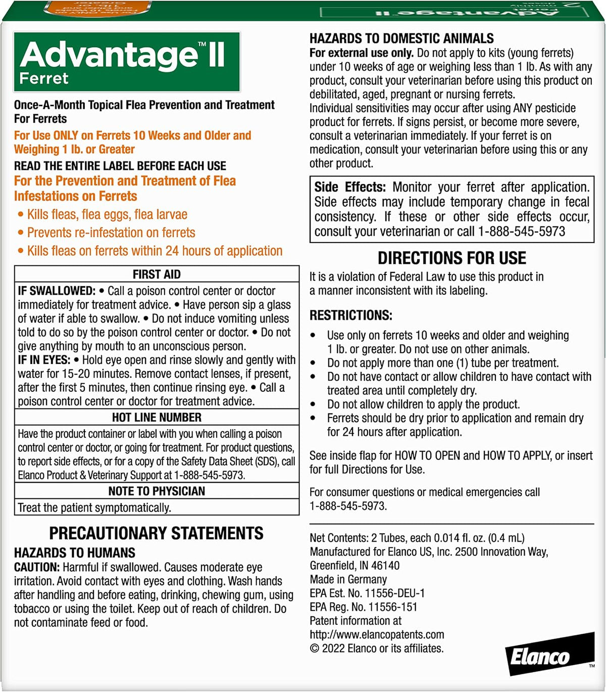 Advantage II topical flea prevention for ferrets package details