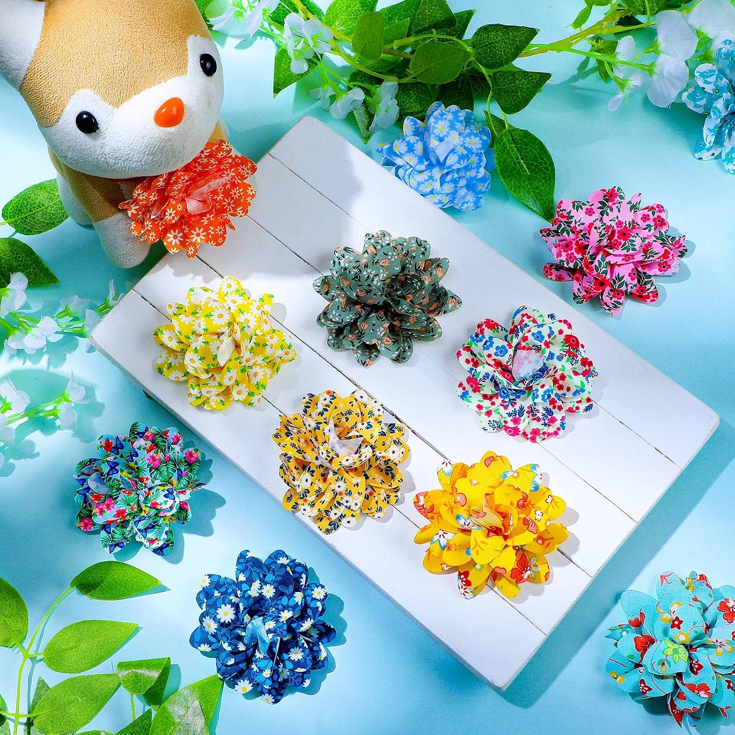 Measurement demonstration displaying the three point fifteen inch diameter of the pet decoration flower