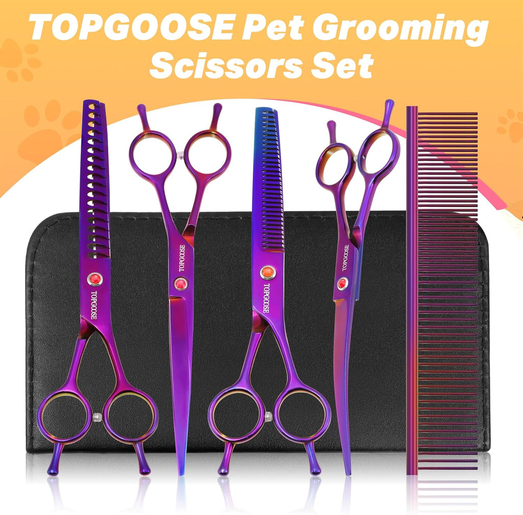 Ergonomic finger loops and adjustable tension screw on pet grooming scissors