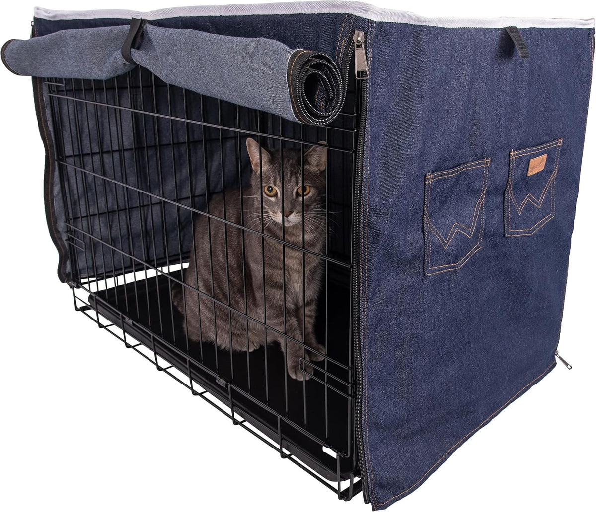 Wrangler Denim Dog Crate Cover large front view on wire cage