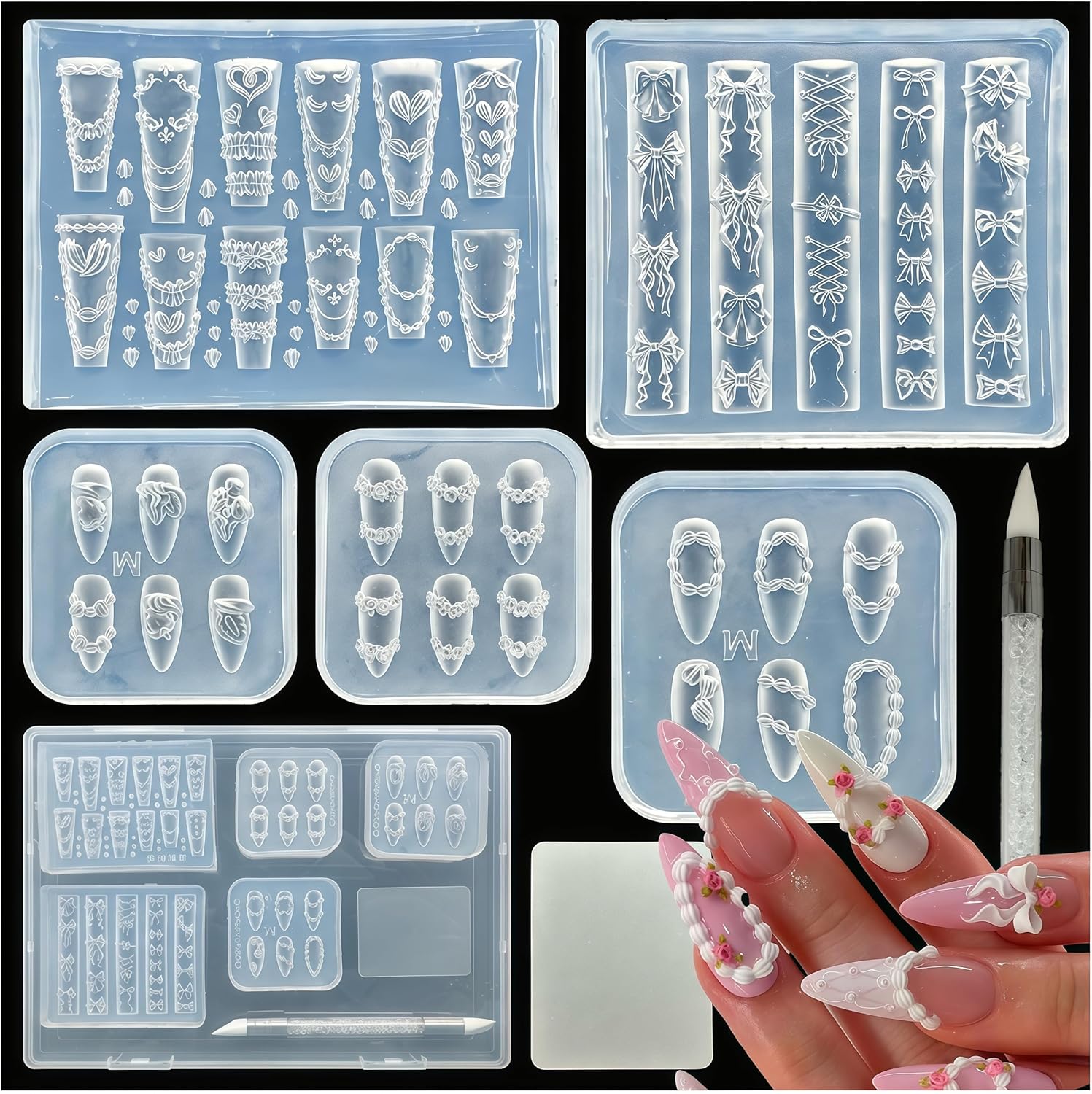 BHCCXZ 5 piece 3D nail art silicone mold kit front view displaying detailed shapes