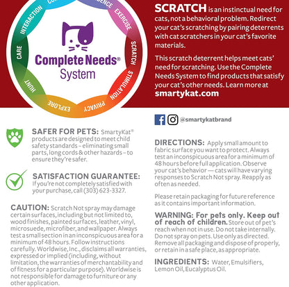 SmartyKat Scratch Not 13.5 fluid ounce bottle showing back product description and usage warning guidelines