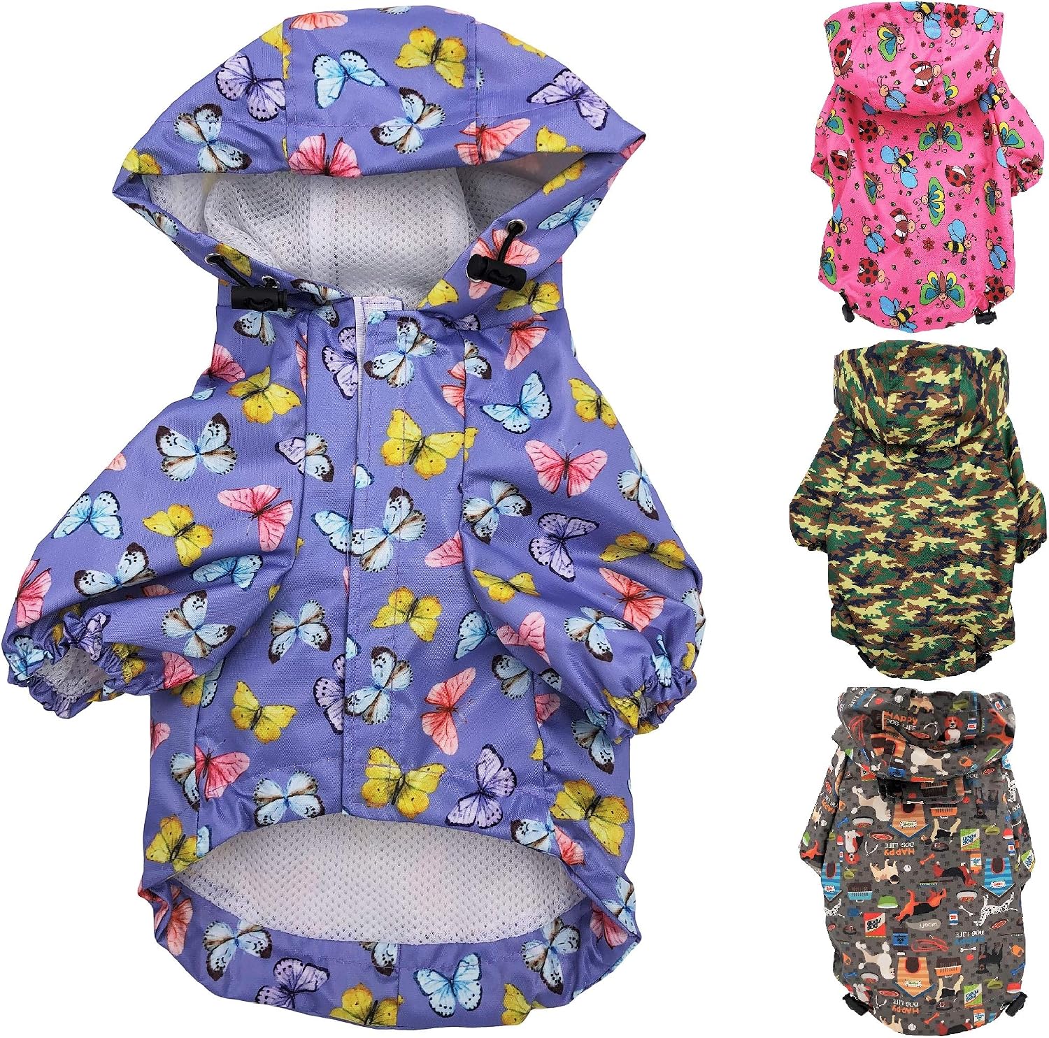 FunnyDogClothes small pet waterproof raincoat hoodie front view in purple color.