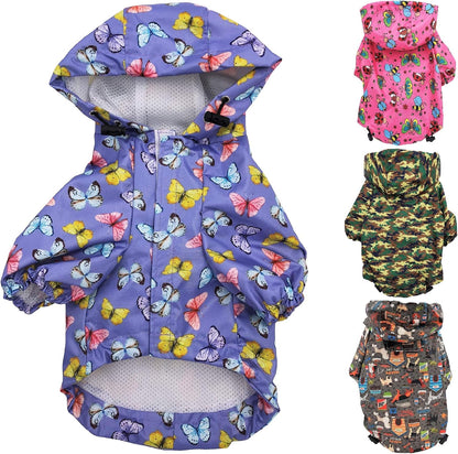 FunnyDogClothes small pet waterproof raincoat hoodie front view in purple color.