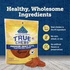Dog enjoying Blue Buffalo True Chews premium chicken jerky cuts