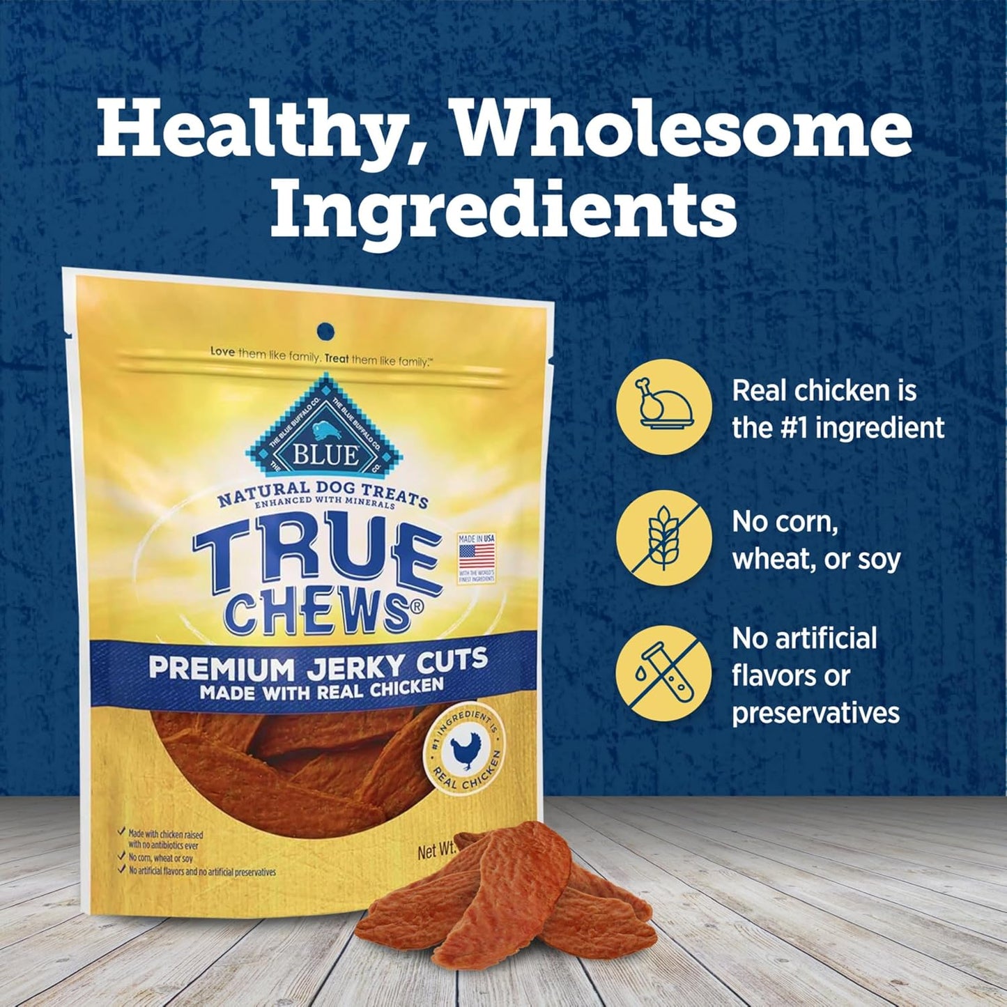 Dog enjoying Blue Buffalo True Chews premium chicken jerky cuts