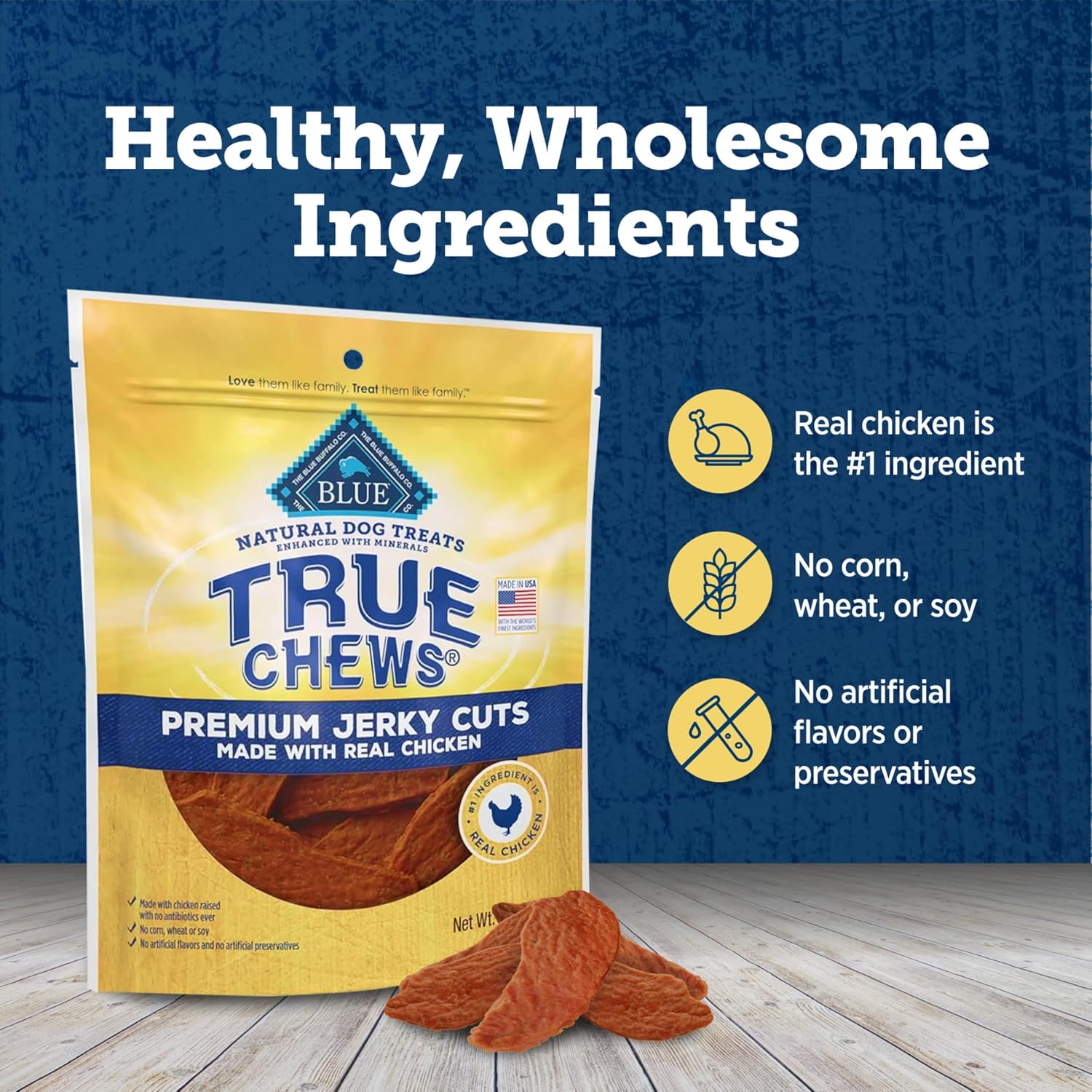 Dog enjoying Blue Buffalo True Chews premium chicken jerky cuts