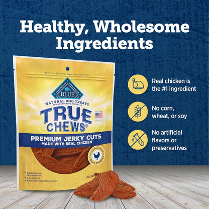Dog enjoying Blue Buffalo True Chews premium chicken jerky cuts