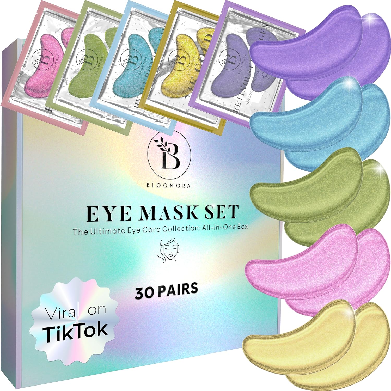 Bloomora Variety Under Eye Patches 30 Pairs front packaging view showing multi-formula selection.