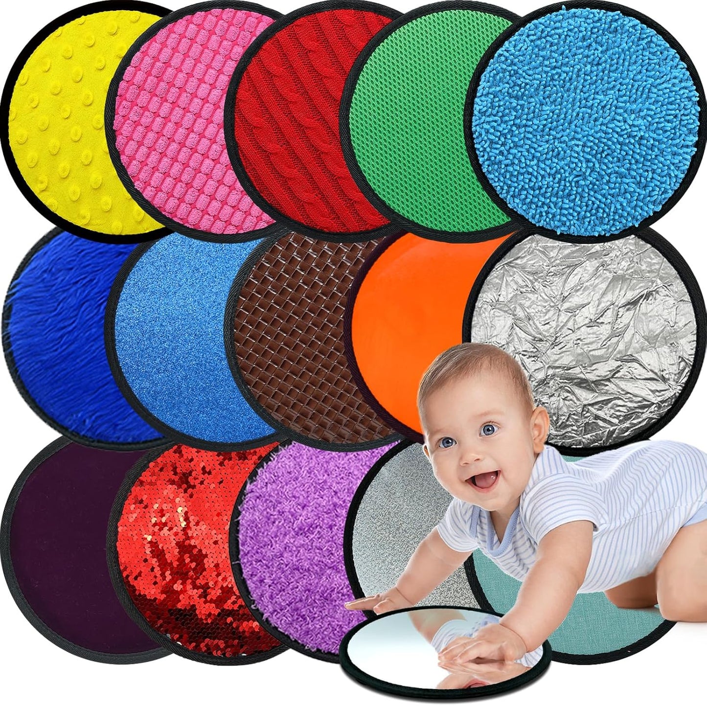 Keculf sixteen piece sensory mats front view displaying various bright colors and unique tactile textures.