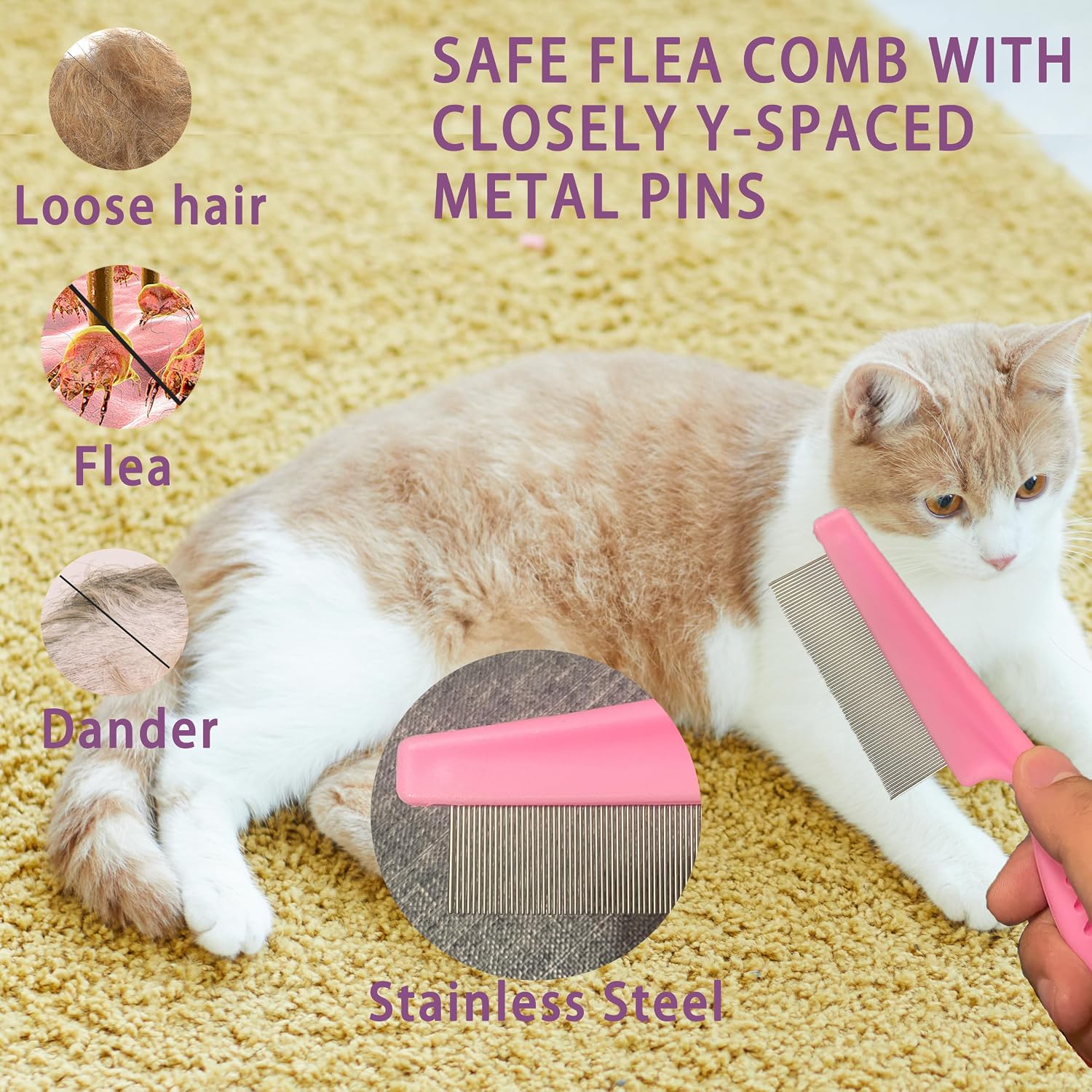 Close up of the fine tooth flea comb clearing debris from feline hair