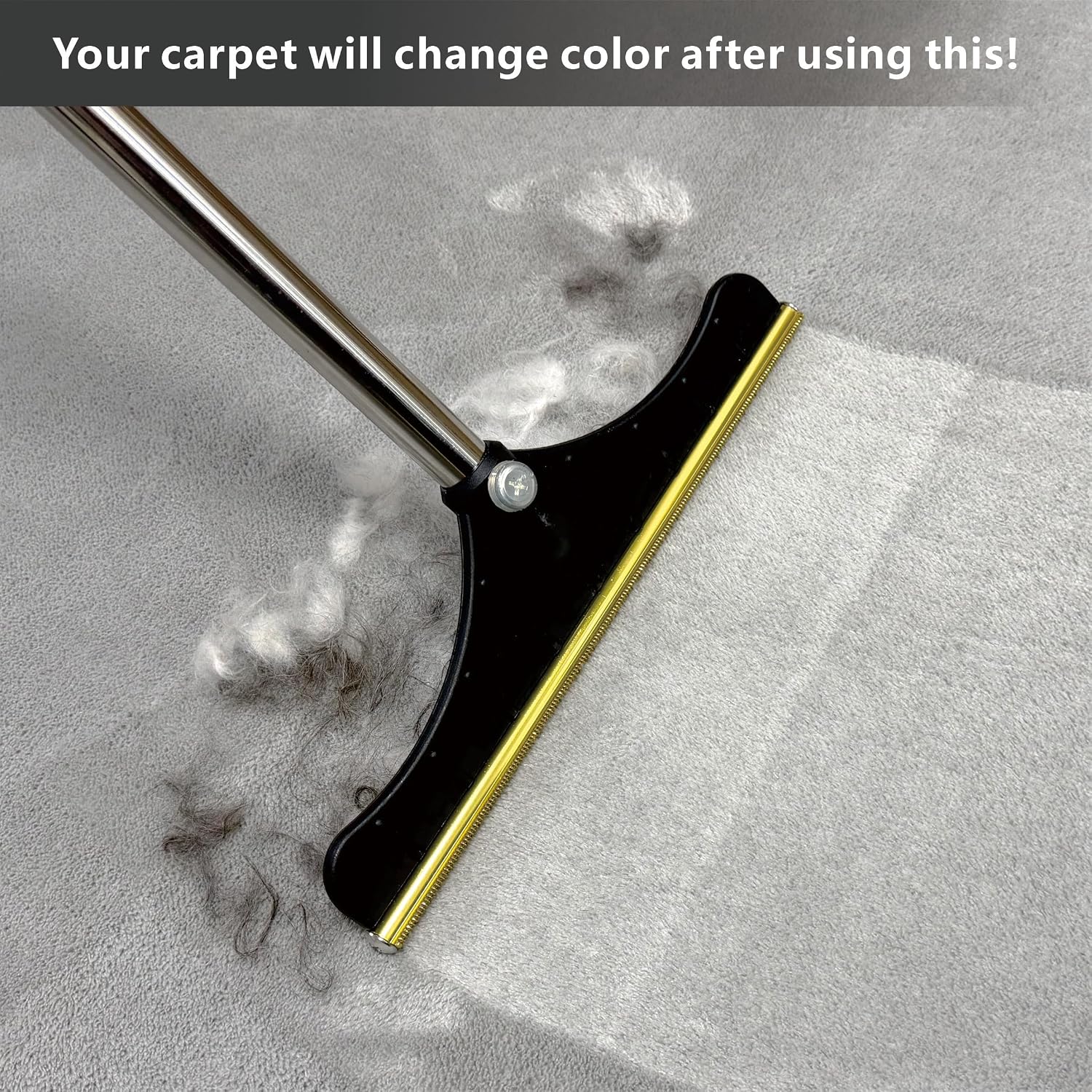 Pet hair rake being used on a living room rug