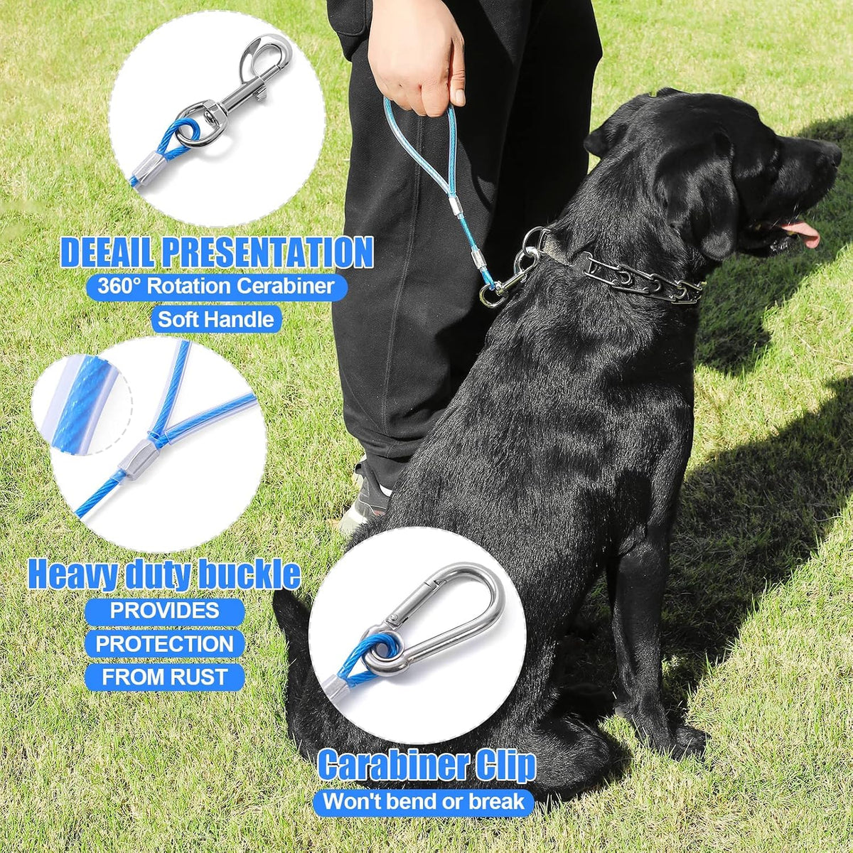 Mi Metty heavy duty dog tie out cable showcasing the detachable short handle mechanism for traffic control.