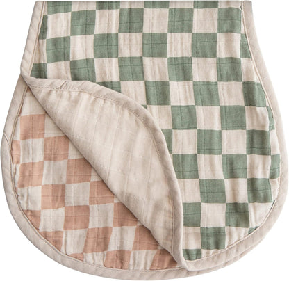 Mushie muslin baby burp cloths in Olive Check and Natural Check patterns