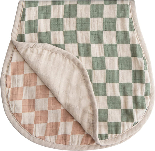 Mushie muslin baby burp cloths in Olive Check and Natural Check patterns