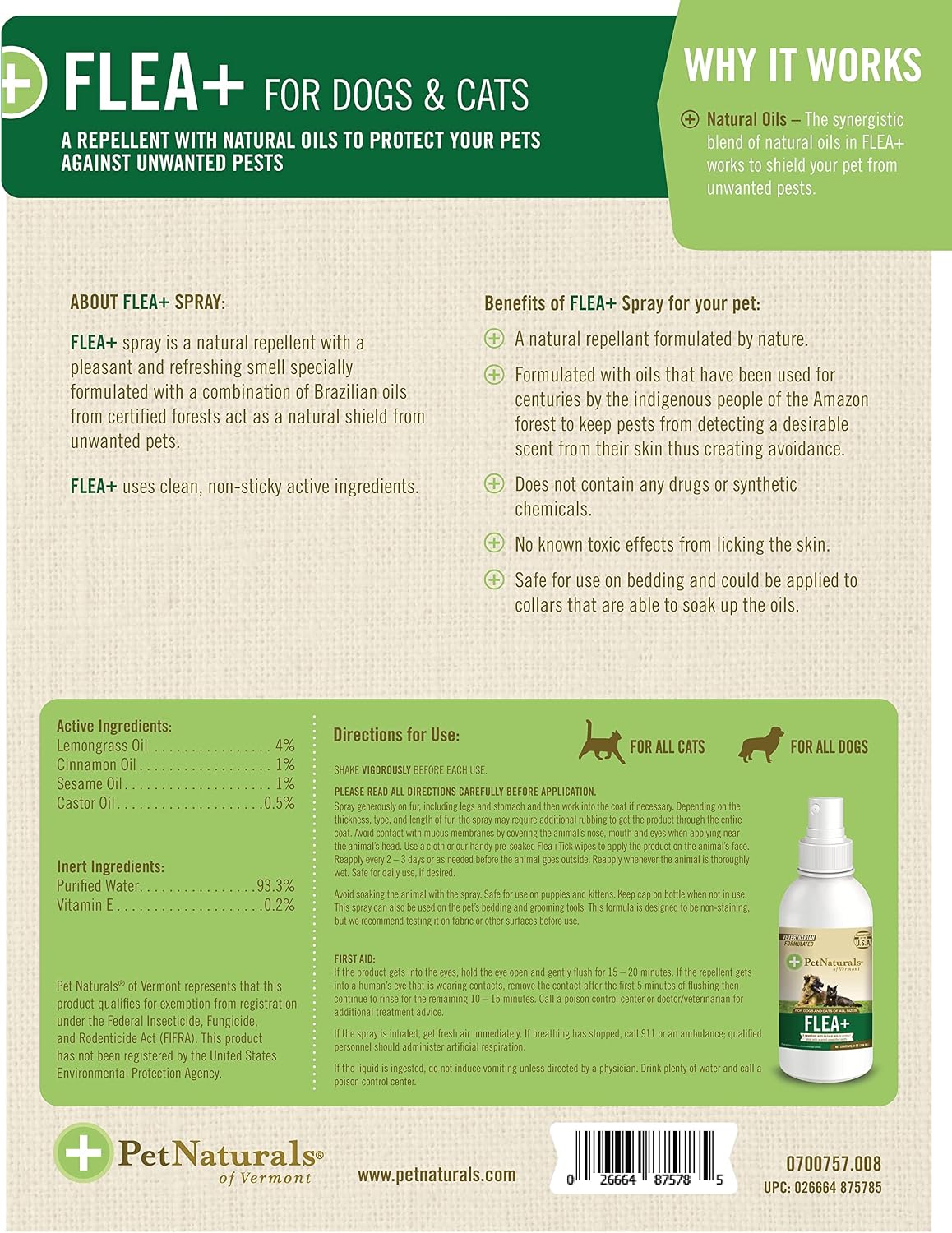 Pet Naturals plant based pest shield spray bottle detailing active botanical ingredients