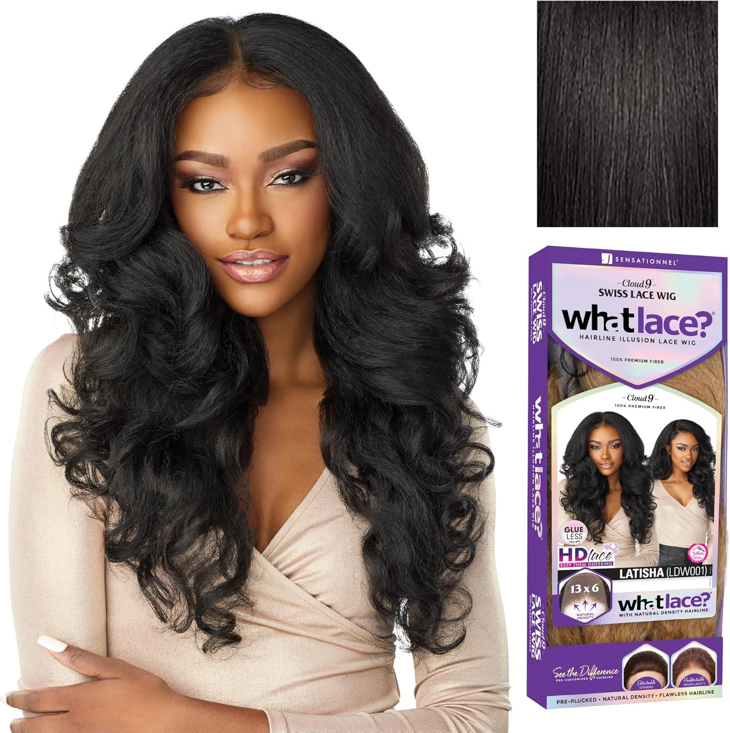 Sensationnel What Lace 13X6 Latisha synthetic wig front view showing loose curls in Off Black 1B