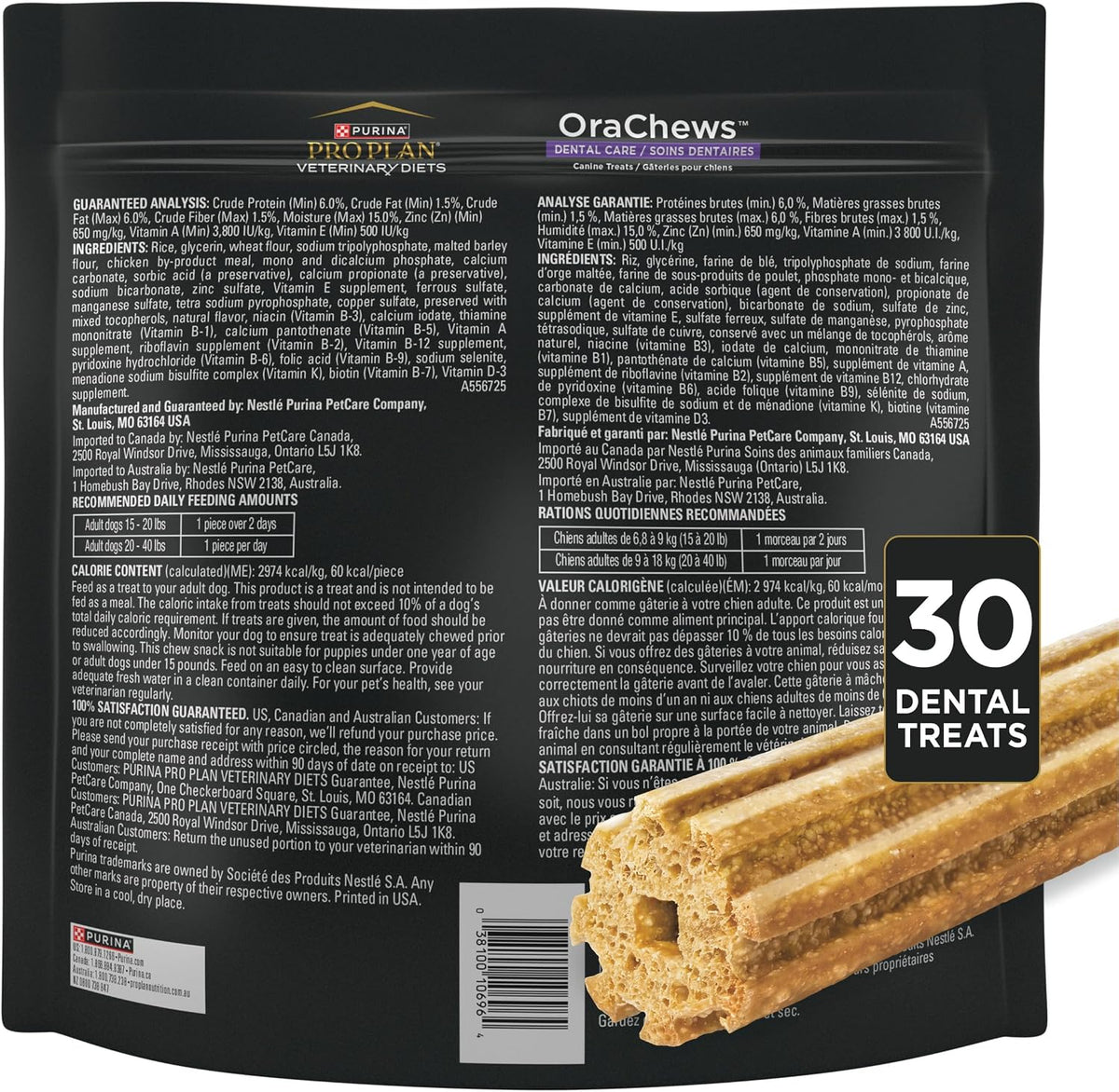 Nutritional information label for Purina Pro Plan OraChews