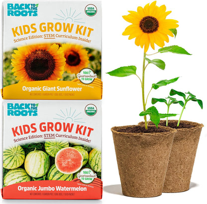 Back to the Roots Kids Science Grow Kit 2 Count packaging front view showing watermelon and sunflower graphics for children's home gardening.