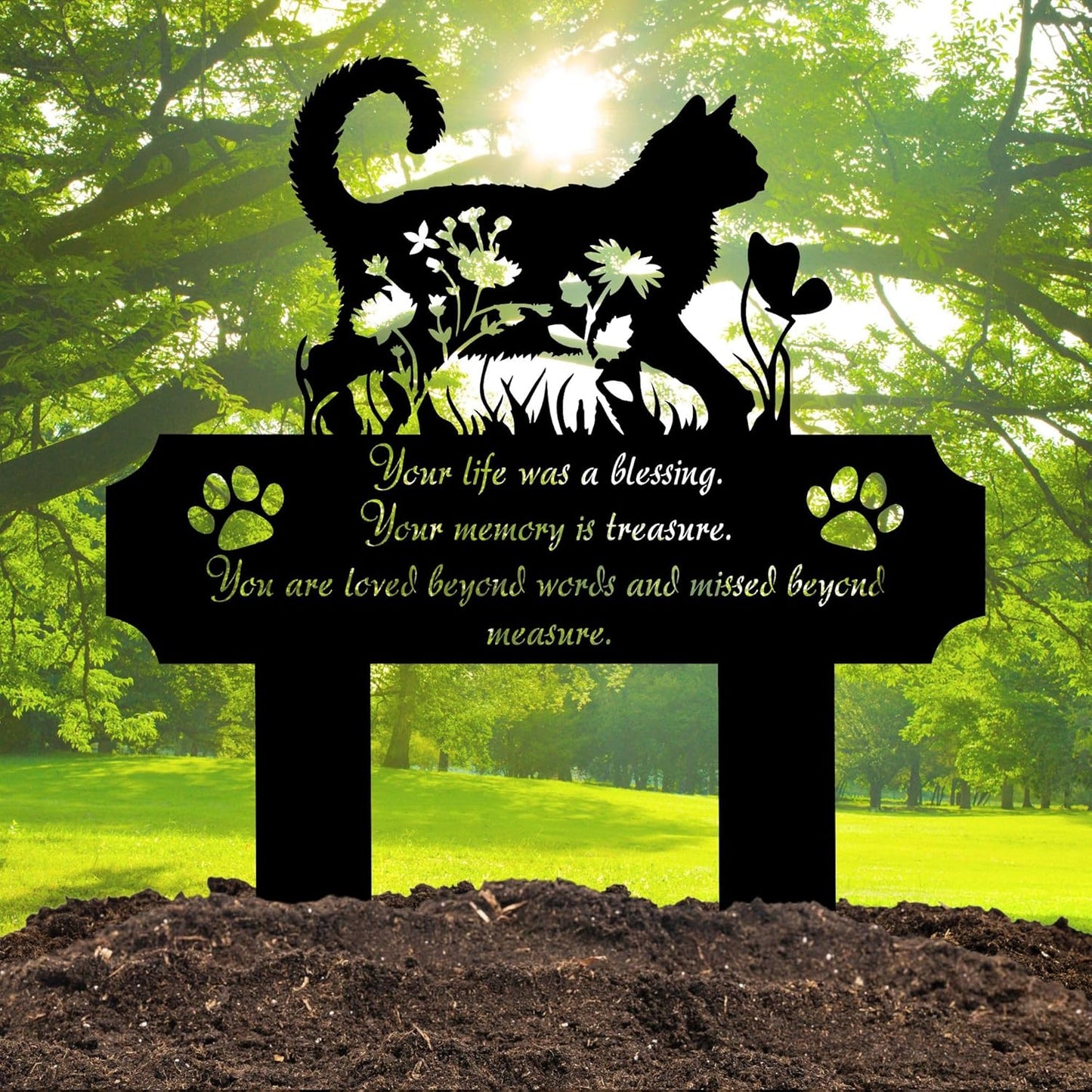 HEGANITS 12 inch cat memorial plaque displayed indoors on a wooden remembrance shelf