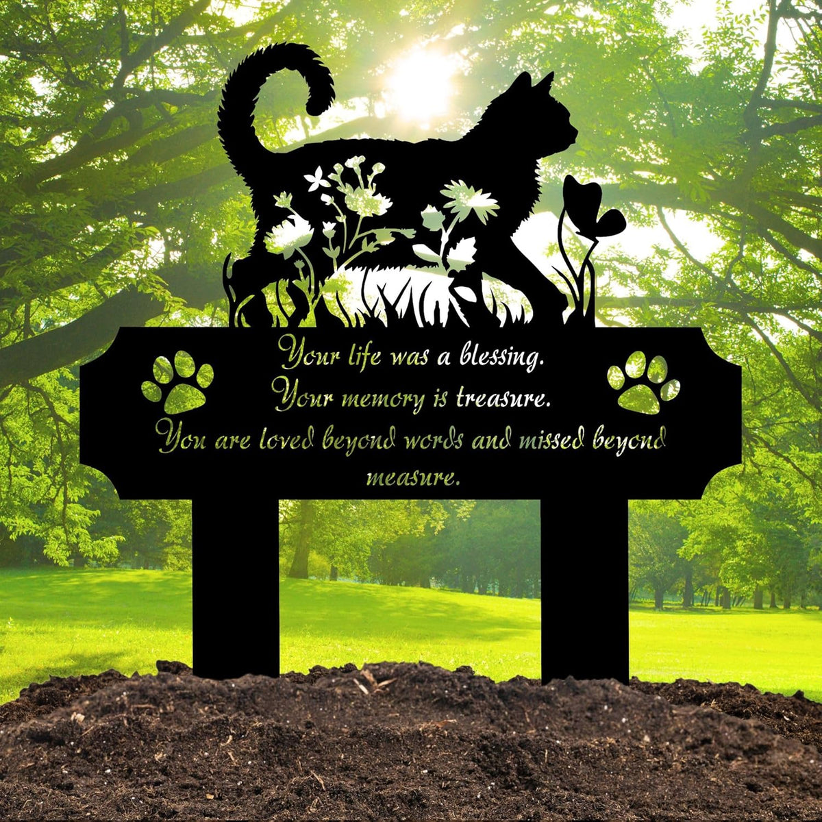 HEGANITS 12 inch cat memorial plaque displayed indoors on a wooden remembrance shelf
