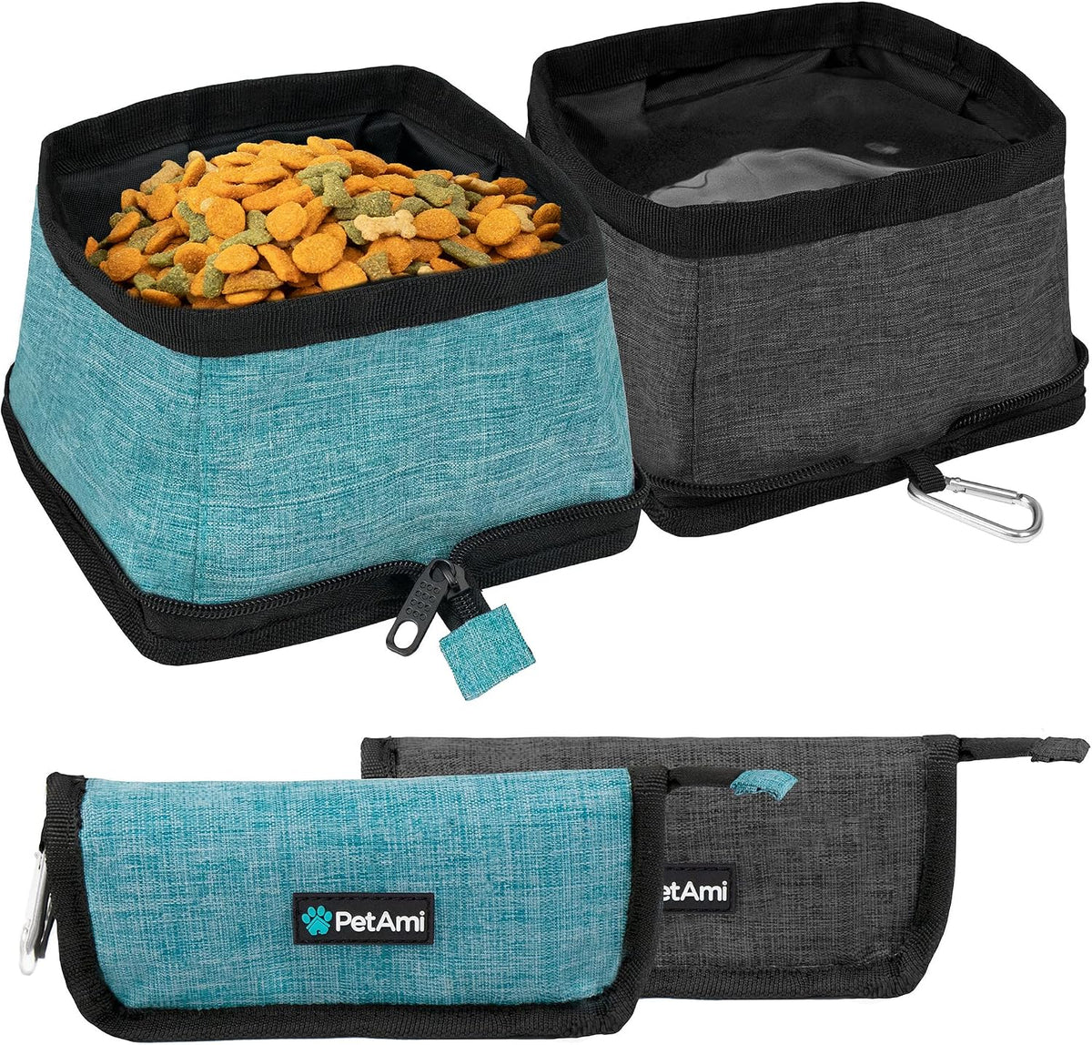 PetAmi collapsible dog bowls 2 pack blue front view showing food and water setup.