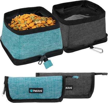 PetAmi collapsible dog bowls 2 pack blue front view showing food and water setup.