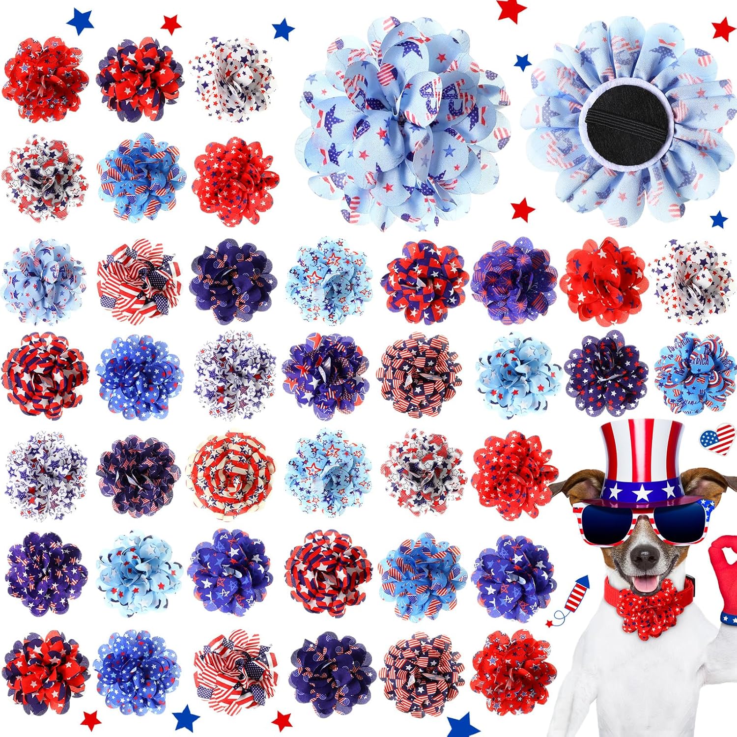 Huhumy Patriotic Dog Collar Flowers bulk pack front view showing multiple red white and blue star patterns.