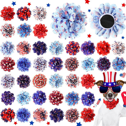 Huhumy Patriotic Dog Collar Flowers bulk pack front view showing multiple red white and blue star patterns.
