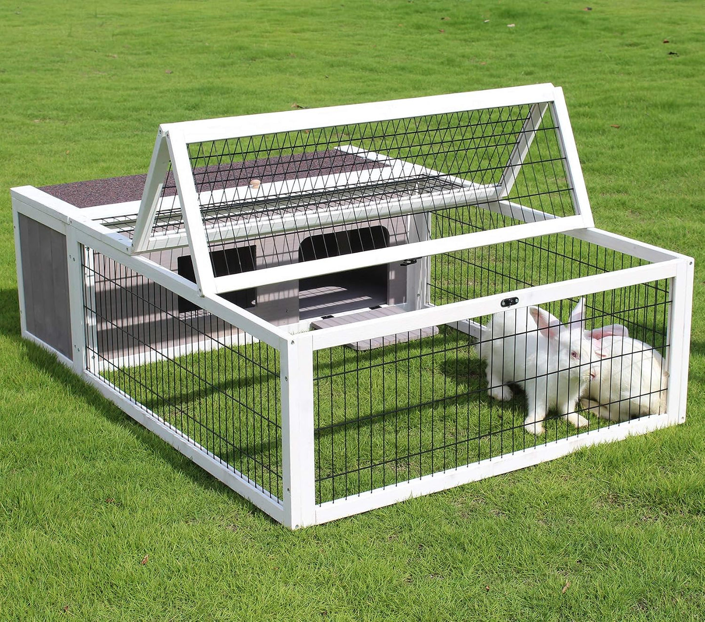 Tortoise House Habitat Wooden, Chicken Coop with Run Rabbit Hutch Small Animal Hutch Enclosure Indoor/Outdoor-Grey + White Trim - Image 1