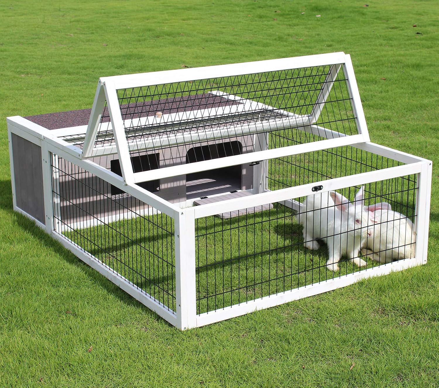 Tortoise House Habitat Wooden, Chicken Coop with Run Rabbit Hutch Small Animal Hutch Enclosure Indoor/Outdoor-Grey + White Trim - Image 1