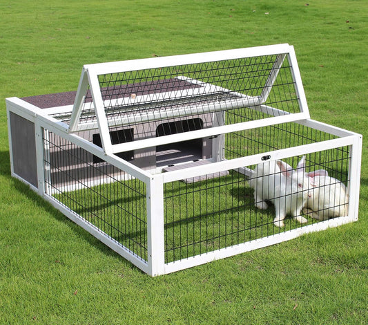 Tortoise House Habitat Wooden, Chicken Coop with Run Rabbit Hutch Small Animal Hutch Enclosure Indoor/Outdoor-Grey + White Trim - Image 1