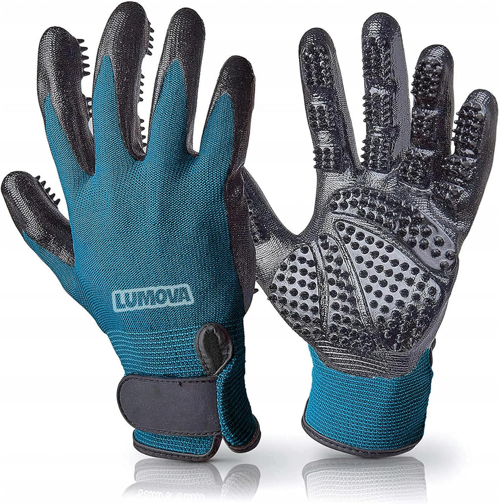 Lumova Pet Grooming Glove front view in cyan and black