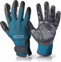 Lumova Pet Grooming Glove front view in cyan and black