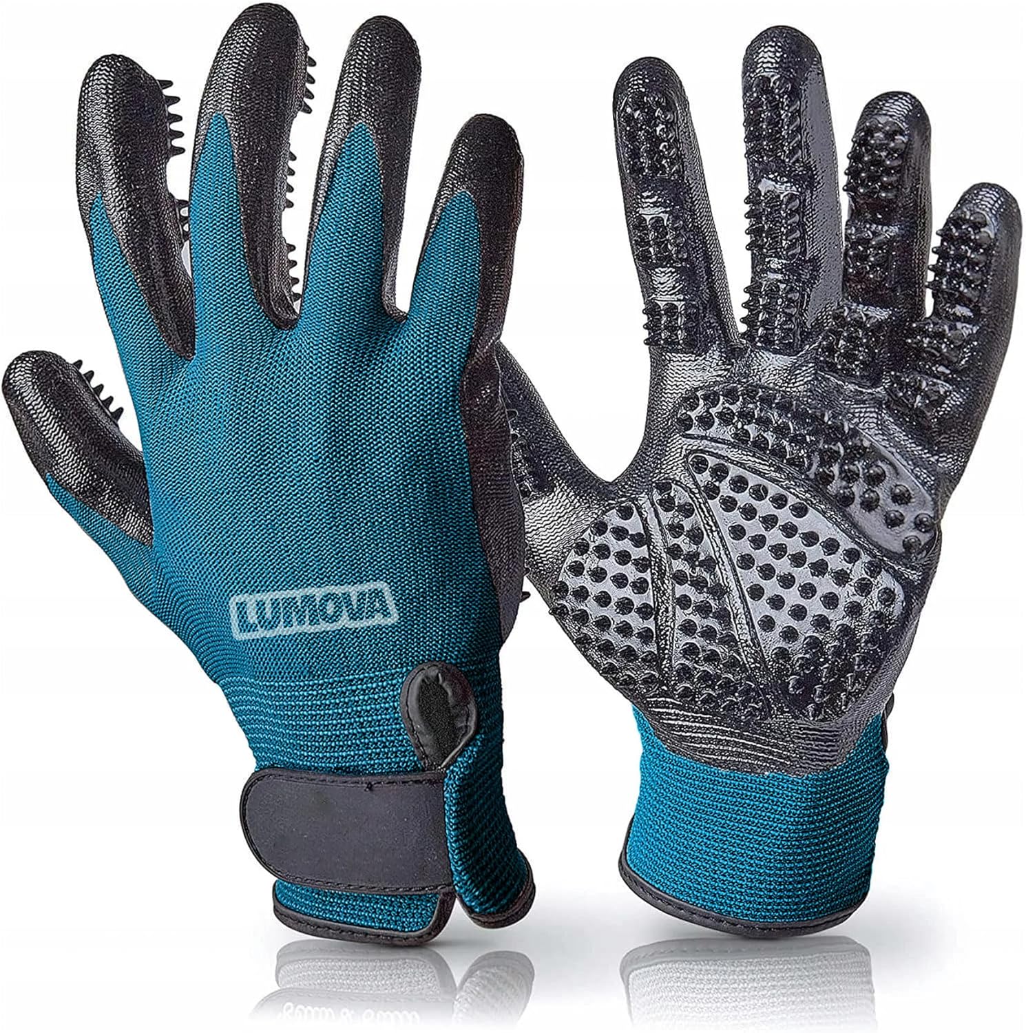 Lumova Pet Grooming Glove front view in cyan and black