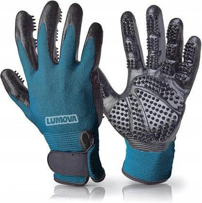 Lumova Pet Grooming Glove front view in cyan and black