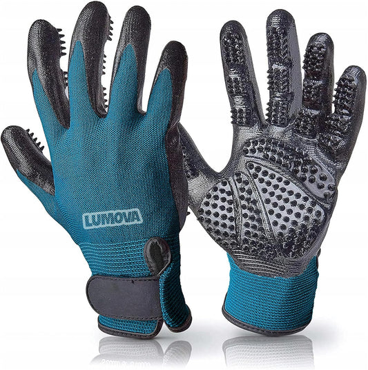 Lumova Pet Grooming Glove front view in cyan and black