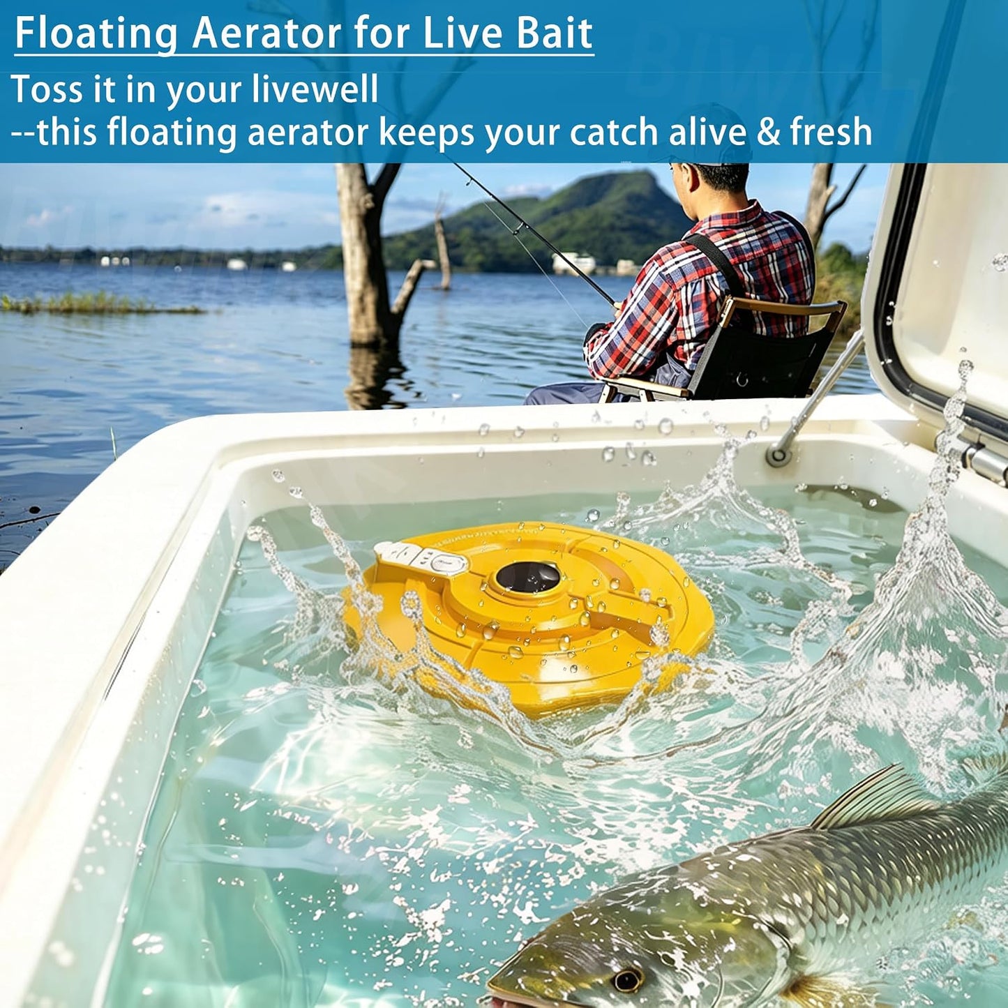 KBBYT portable bait bucket aerator floating in water