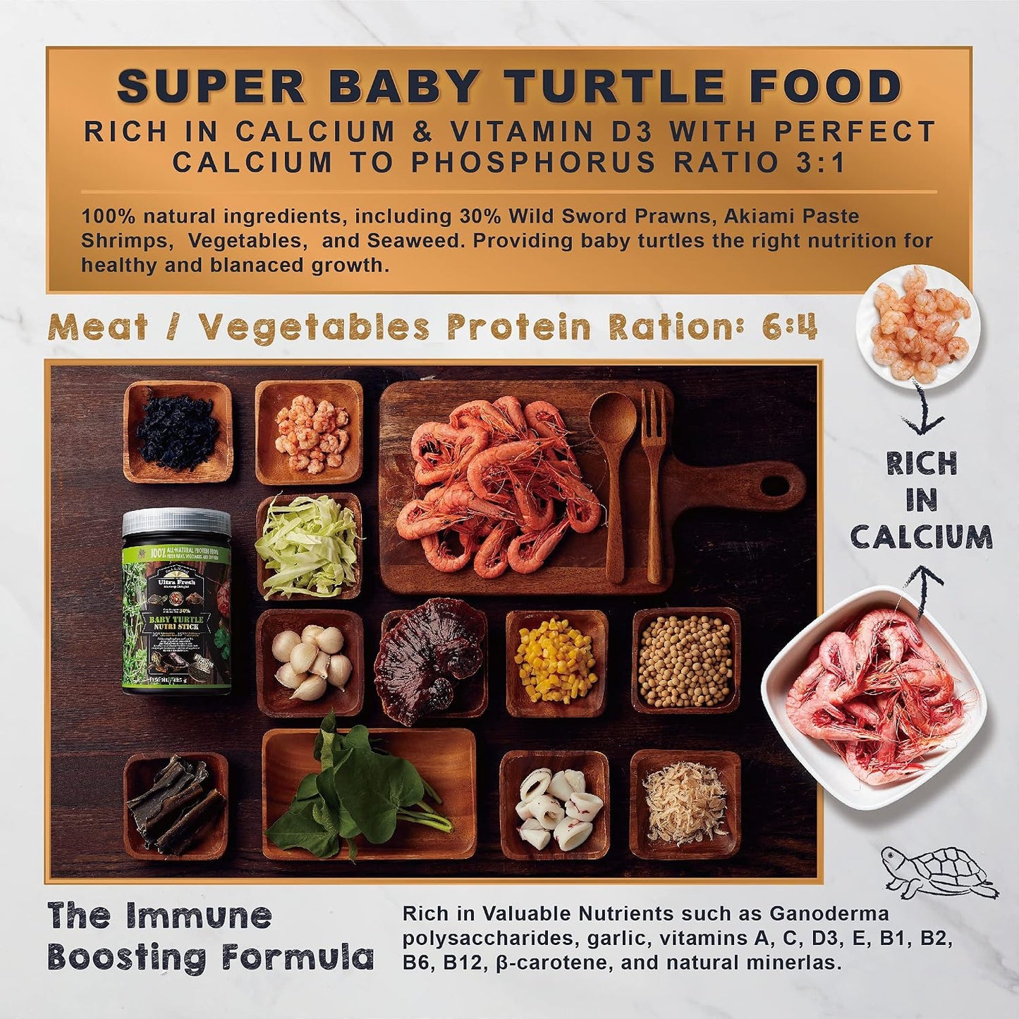 Calcium and vitamin D3 enriched baby turtle food for shell growth