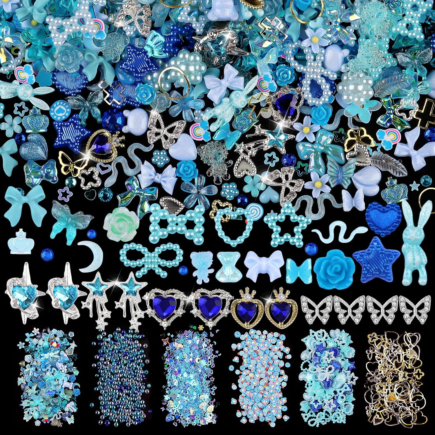 EditTime 650pcs Mixed 3D Nail Charms Kit blue collection