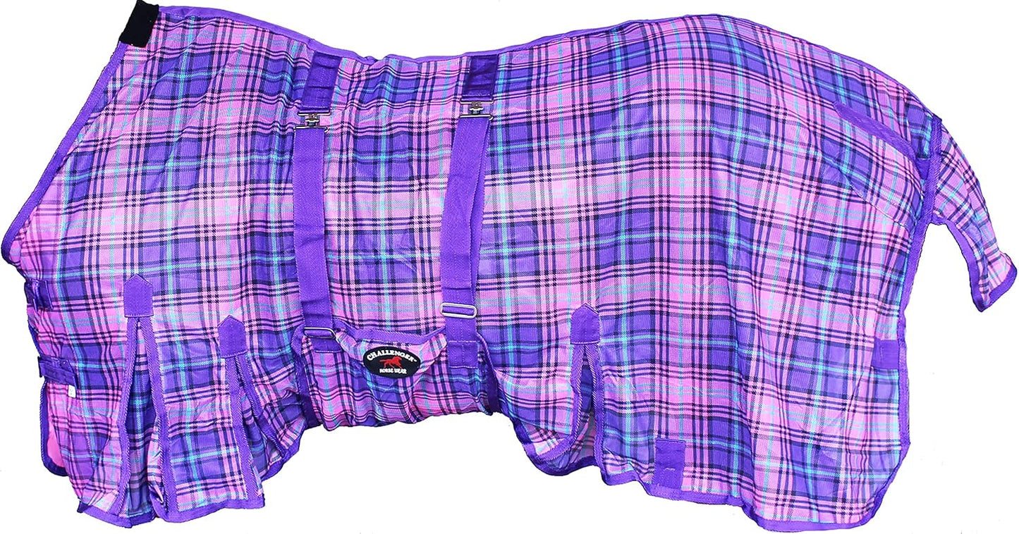 Breathable airflow mesh equine sheet with shoulder gussets on horse